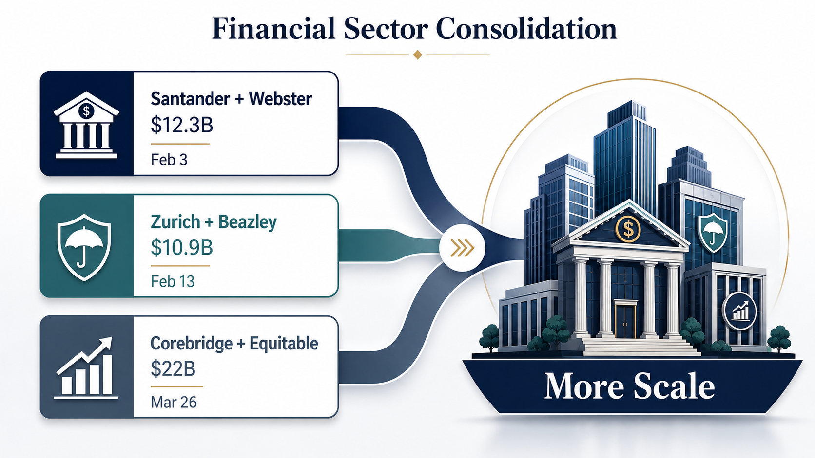 Financial services sector consolidation — three megadeals worth $45 billion in a seven-week window in early 2026