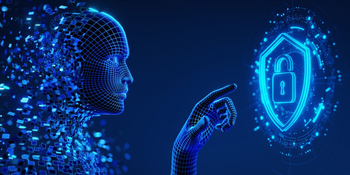 A wireframe AI figure reaching toward a digital lock icon, representing the eroding independence of AI safety functions