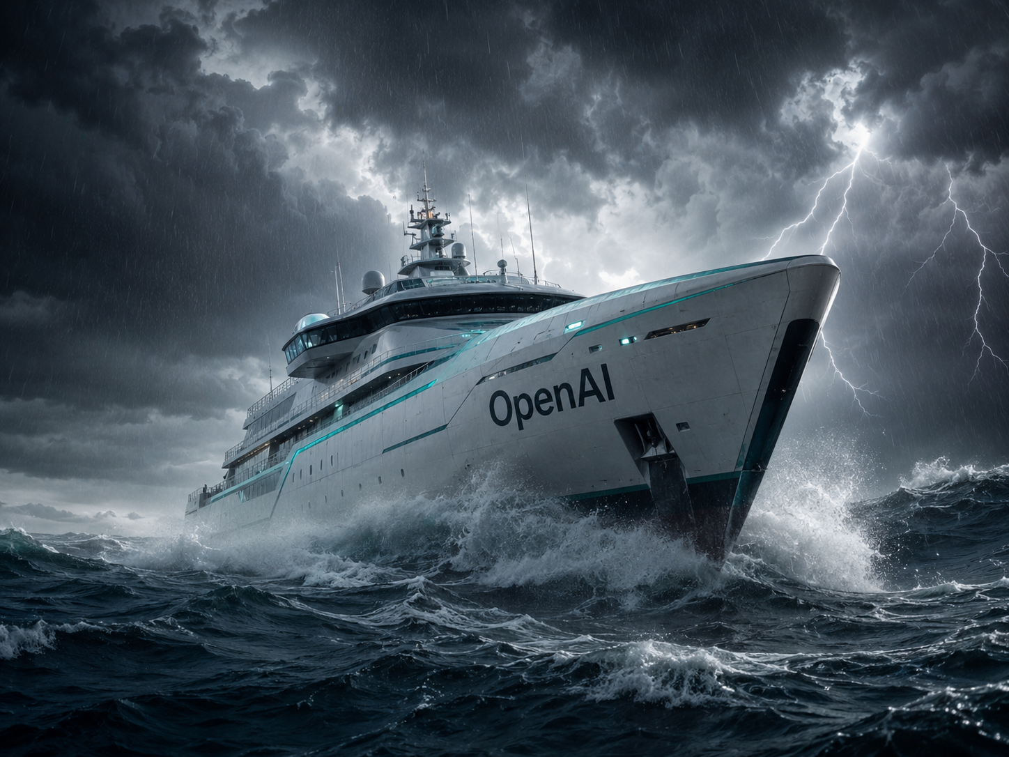 An OpenAI-branded ship cutting through a stormy sea under lightning, representing a week of escalating legal challenges